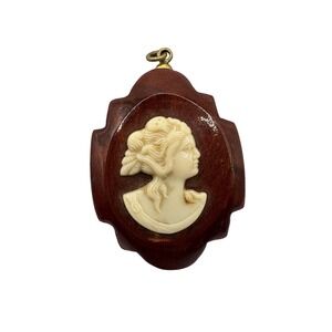 Cameo Pendant Carved Resin on Wood Victorian Style Woman Profile 1.47in Pendant